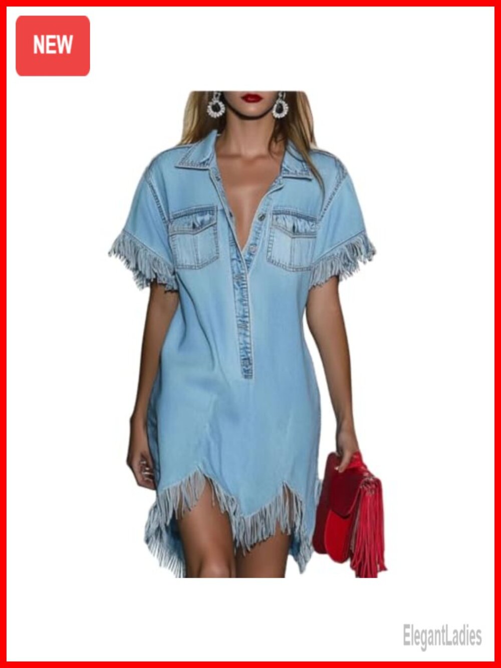 Vintage Western Fringe Denim Dress Half Button Short Sleeve Jean Shirt